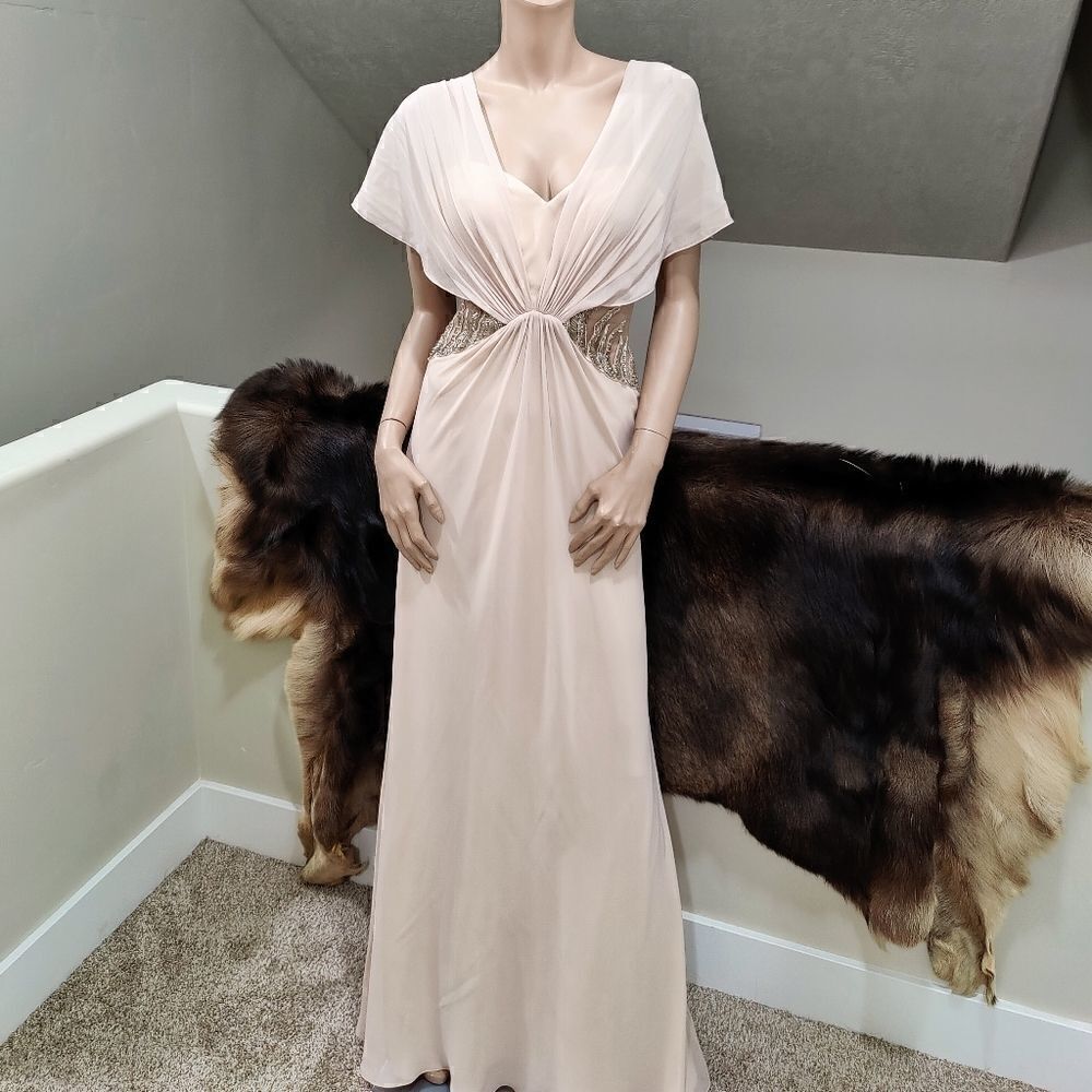 Custom Vintage Elegant Chiffon Beaded Gown with Shawl Collar